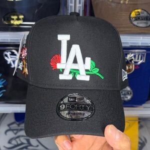New Era Black Cap with LA Logo and Rose Design